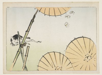 (Bambou, parapluies, un chat et des papillons), vers 1877 - Shibata Zeshin